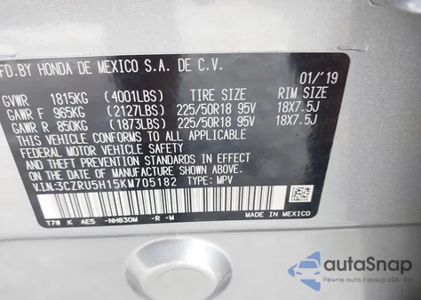 2019 Honda Hr-V Sport из США, поврежденный, VIN 3CZRU5H15KM705182